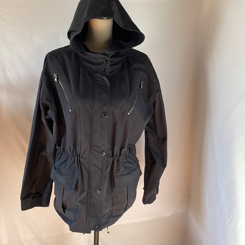 J.brand navy blue hooded utility jacket size med multiple‎ pockets trench coat